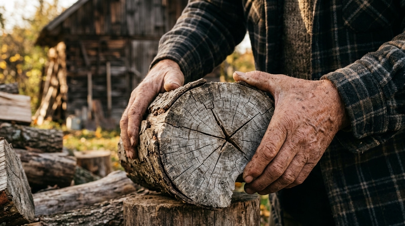 Fentes en étoile sur une bûche de bois sec