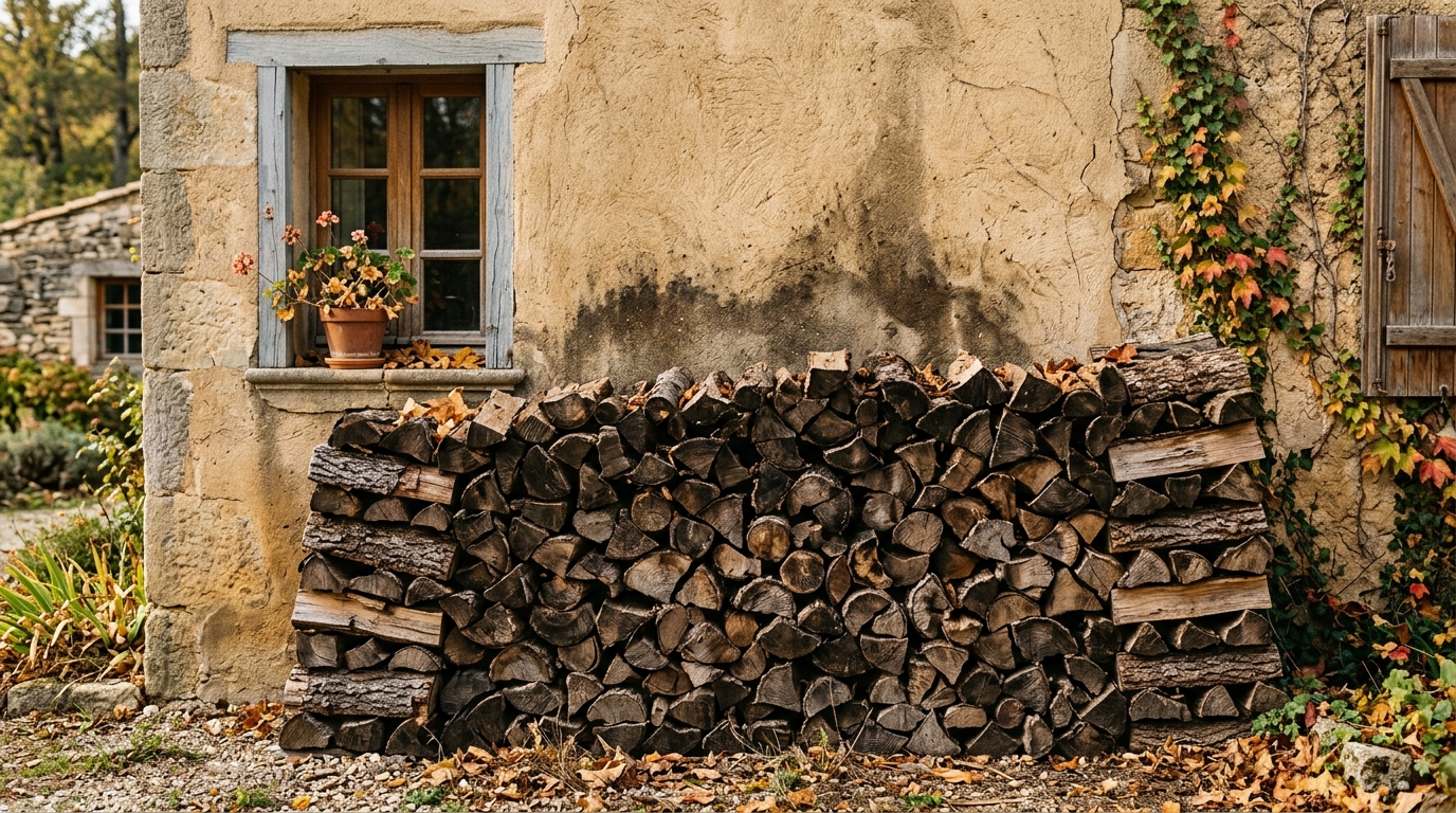 Tas de bois humide contre un mur de maison