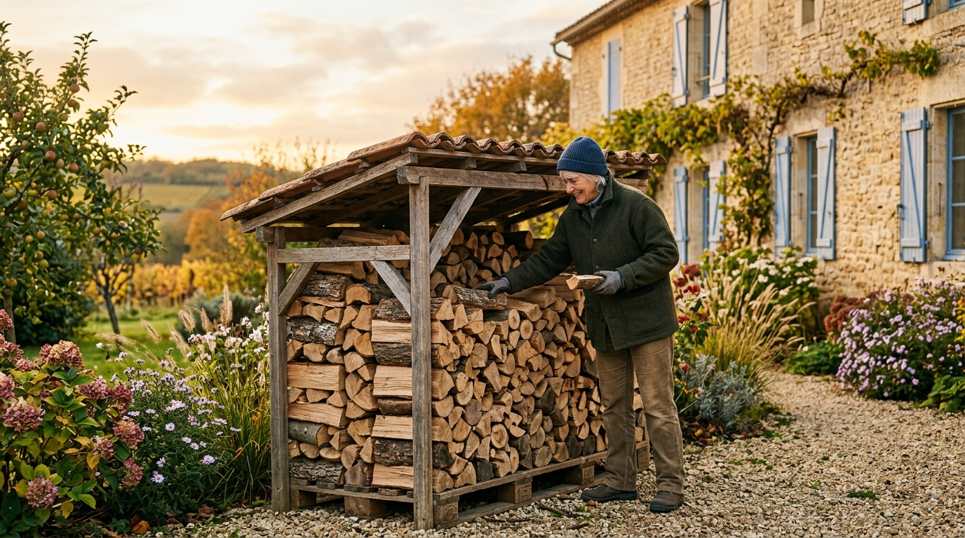 Homme vérifiant le bon espacement du bois de chauffage