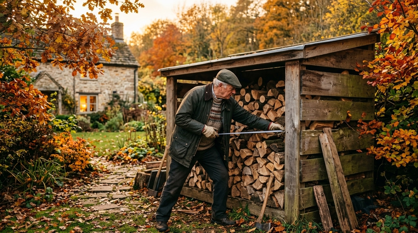 Propriétaire vérifiant la distance entre bois et mur d'un abri