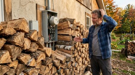 Homme perplexe devant son bois empilé contre le compteur