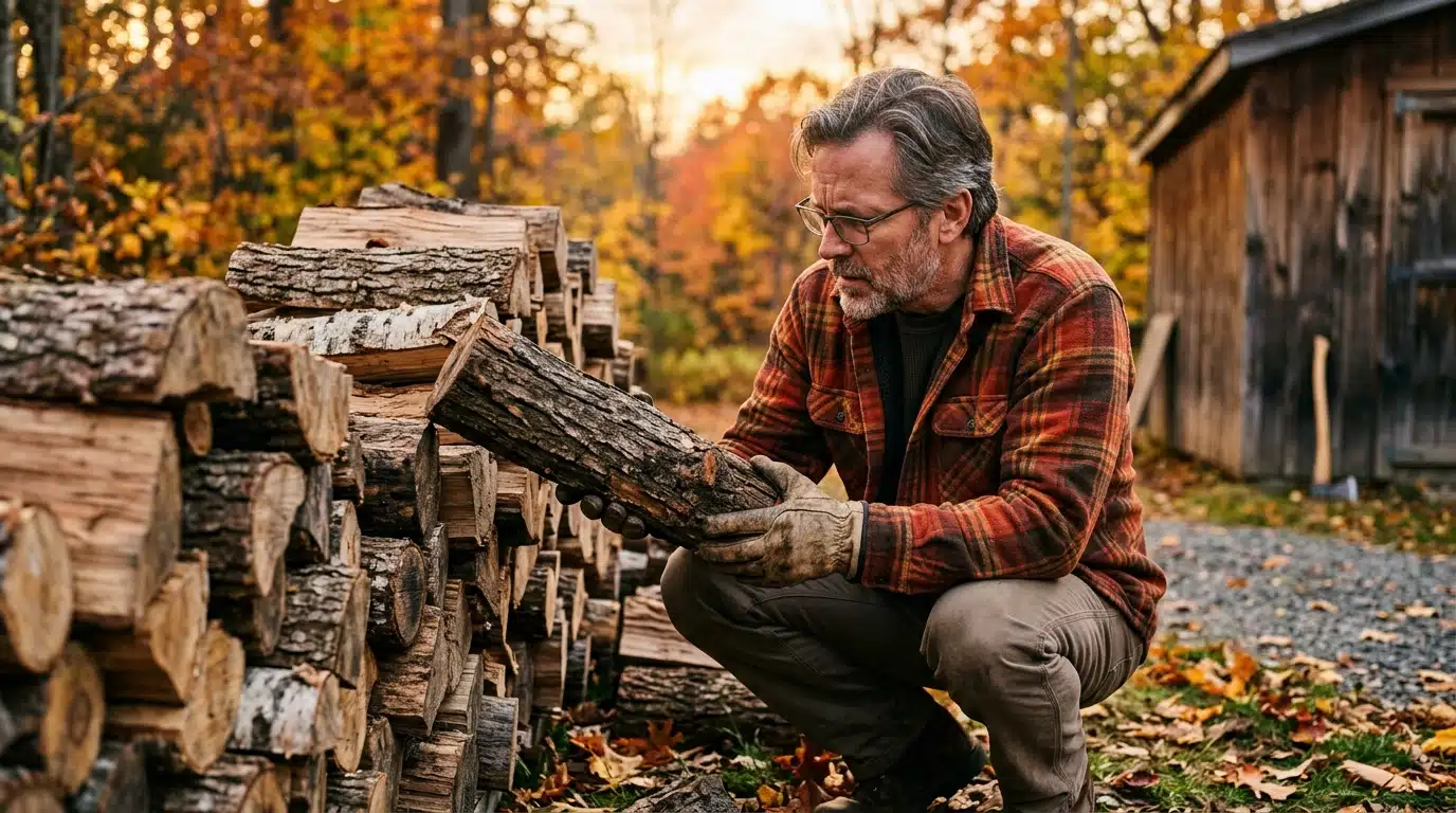 Homme vérifiant l'humidité d'une bûche de bois de chauffage