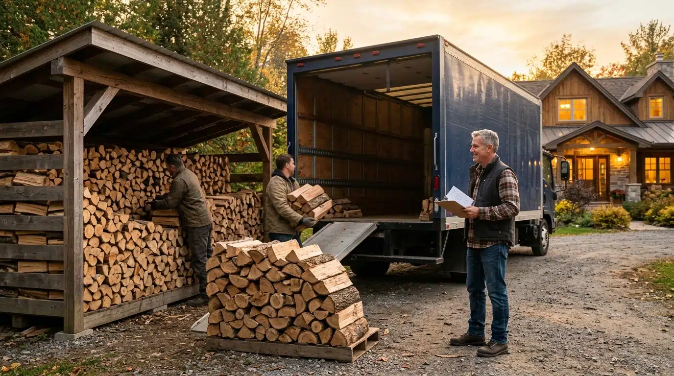 Livraison de stères de bois de chauffage devant une maison