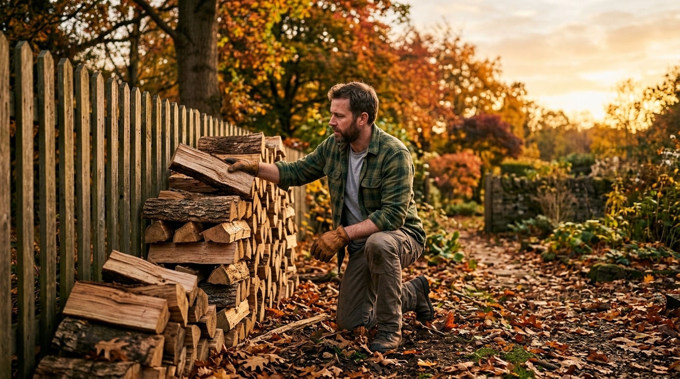 Homme empile du bois de chauffage espacé dehors