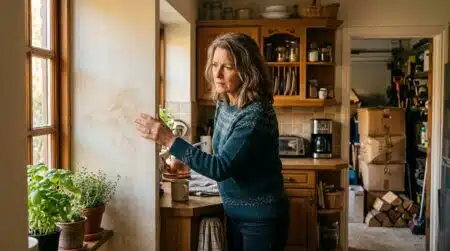 Femme touchant un mur de cuisine humide près du garage
