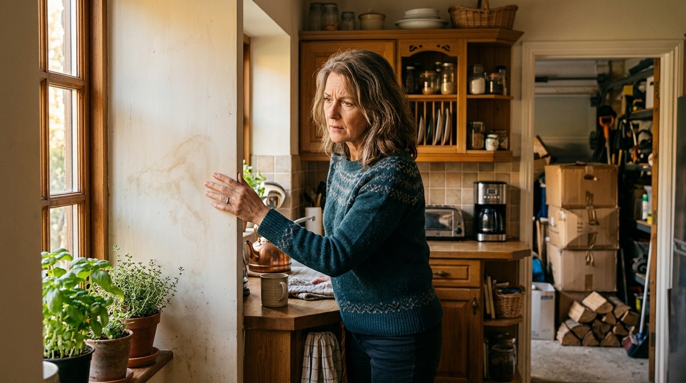 Femme touchant un mur de cuisine humide près du garage