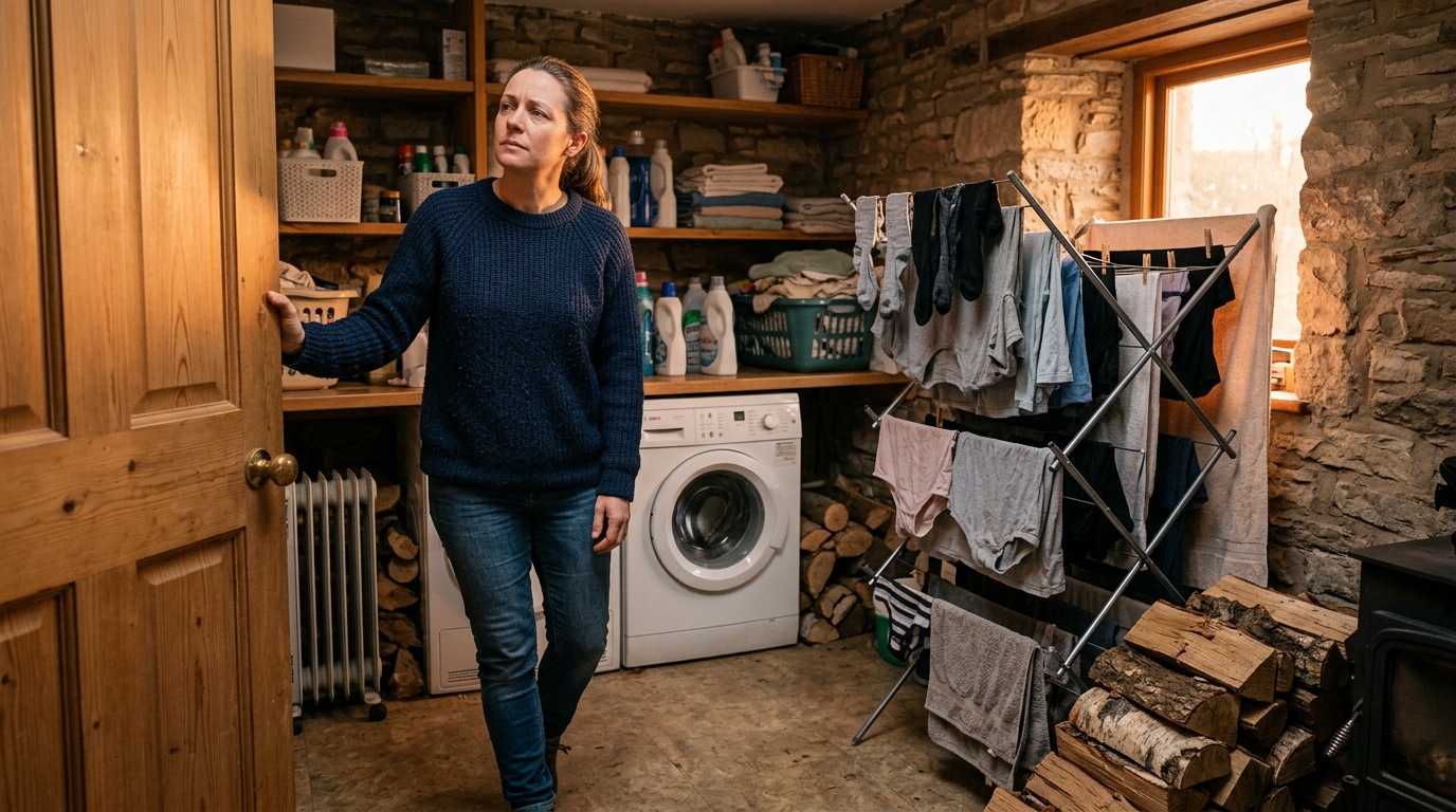 Femme dans une buanderie avec du bois de chauffage stocké