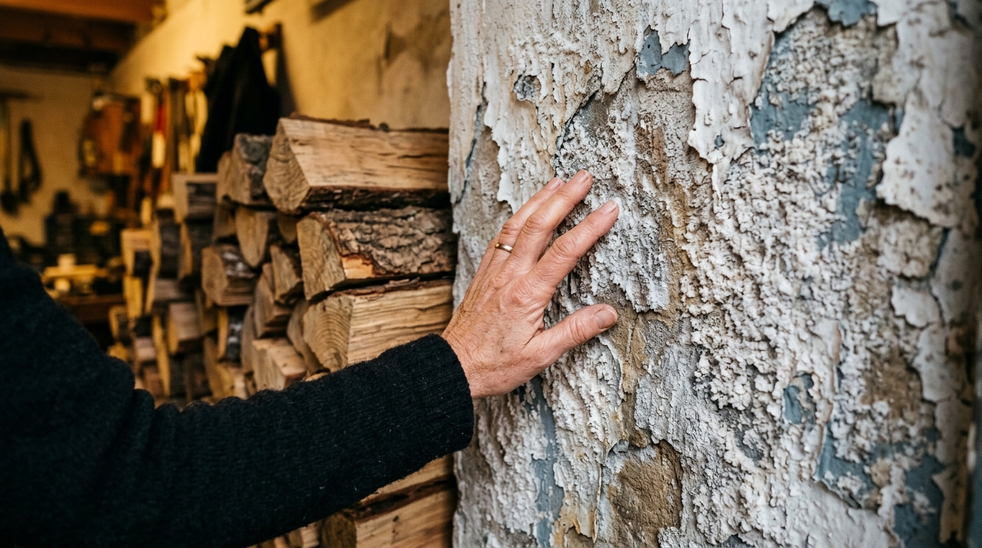 Main touchant un mur avec salpêtre et peinture cloquée