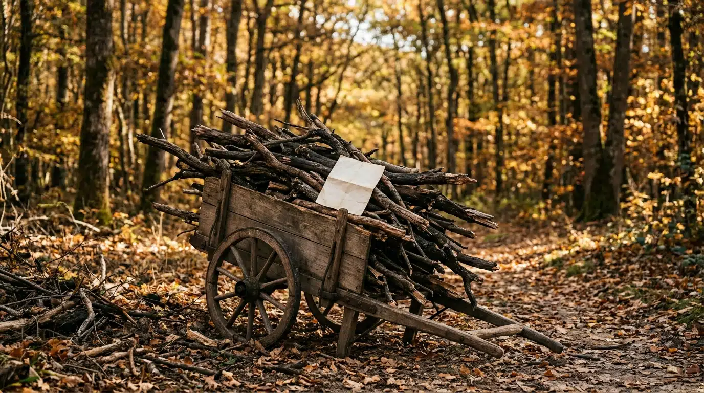 Chariot en bois chargé de branches mortes en forêt