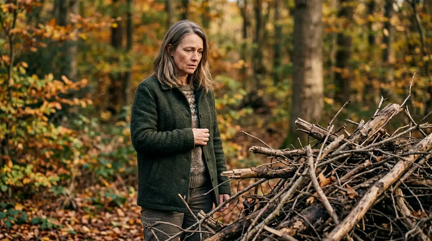 Personne hésitante devant un tas de branches en forêt