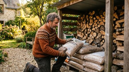 Homme vérifiant son stock de bois et granulés