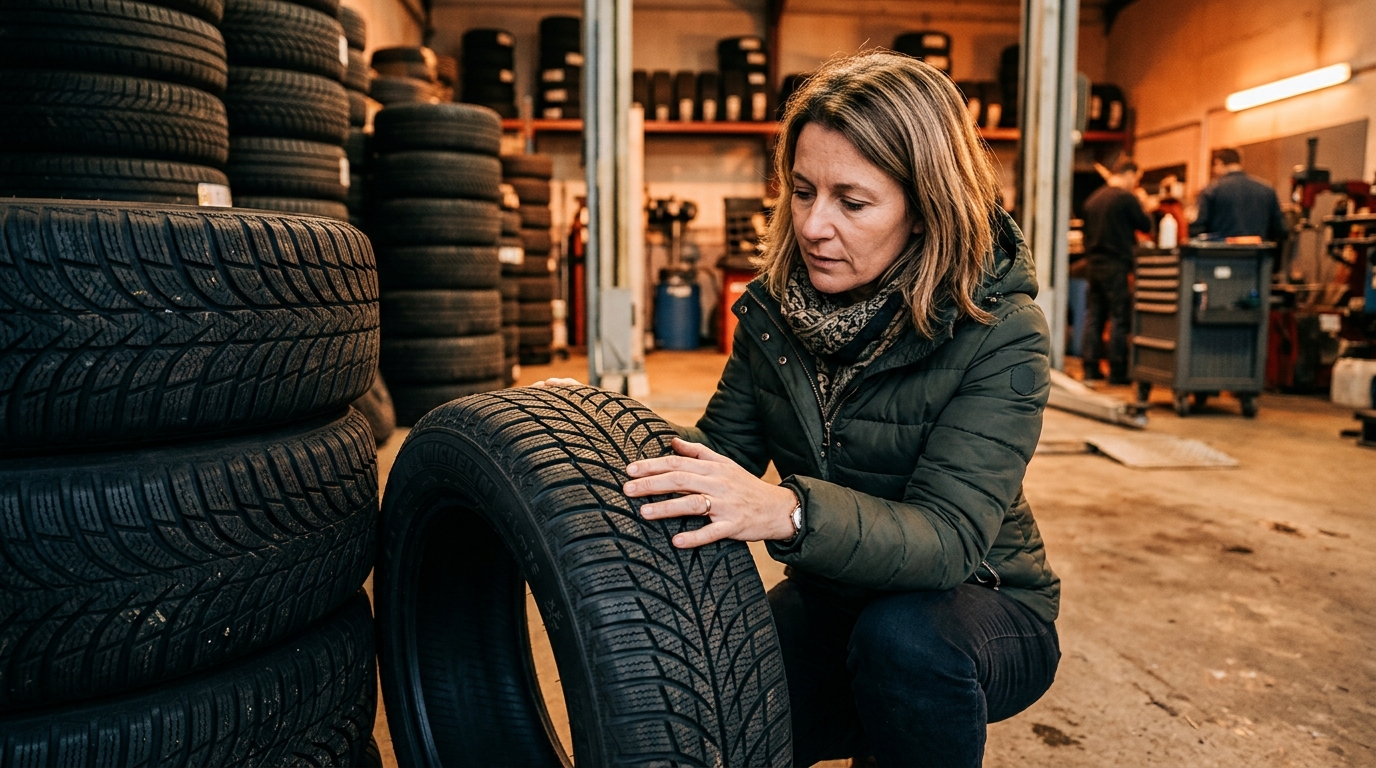 Femme examinant un pneu hiver au garage