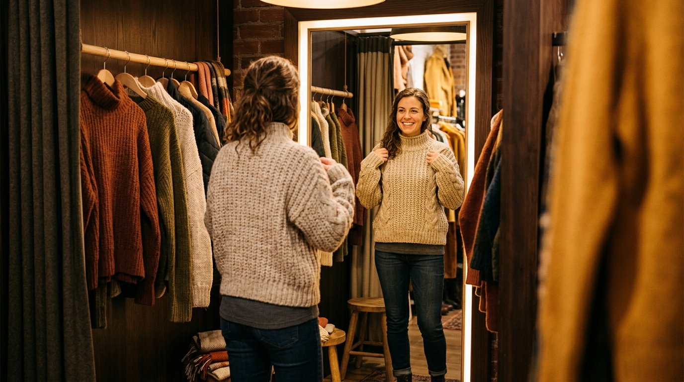 Femme essayant un pull chaud en boutique