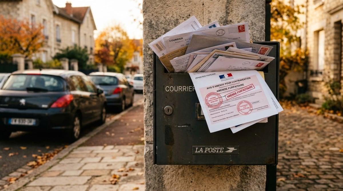 Boîte aux lettres débordant de courriers et d'un avis d'amende