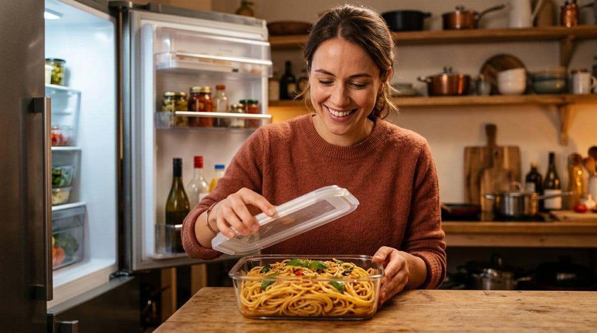 Boîte de pâtes cuites bien conservées sorties du frigo