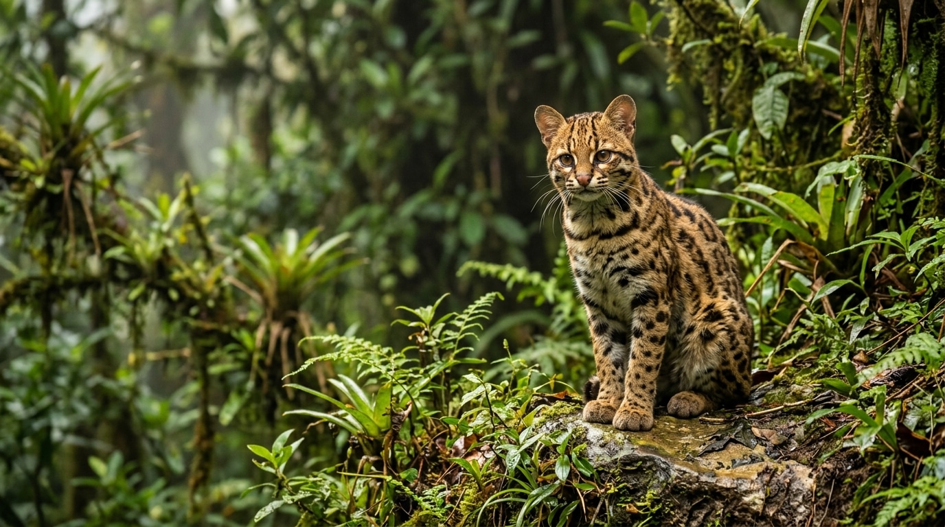 Petit chat sauvage tacheté dans la forêt bolivienne