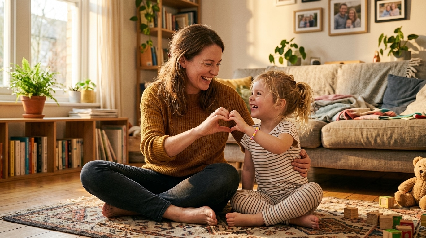 Mère et fille apprennent un signe de la LSF ensemble