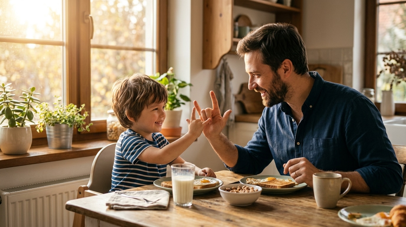 Père enseigne un geste de langue des signes à son fils