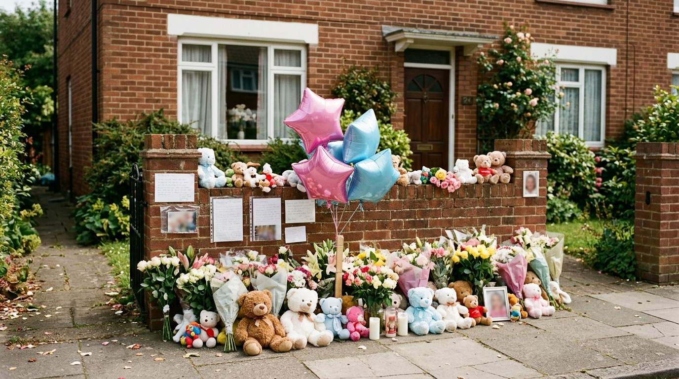 Fleurs et peluches déposées en hommage devant une maison