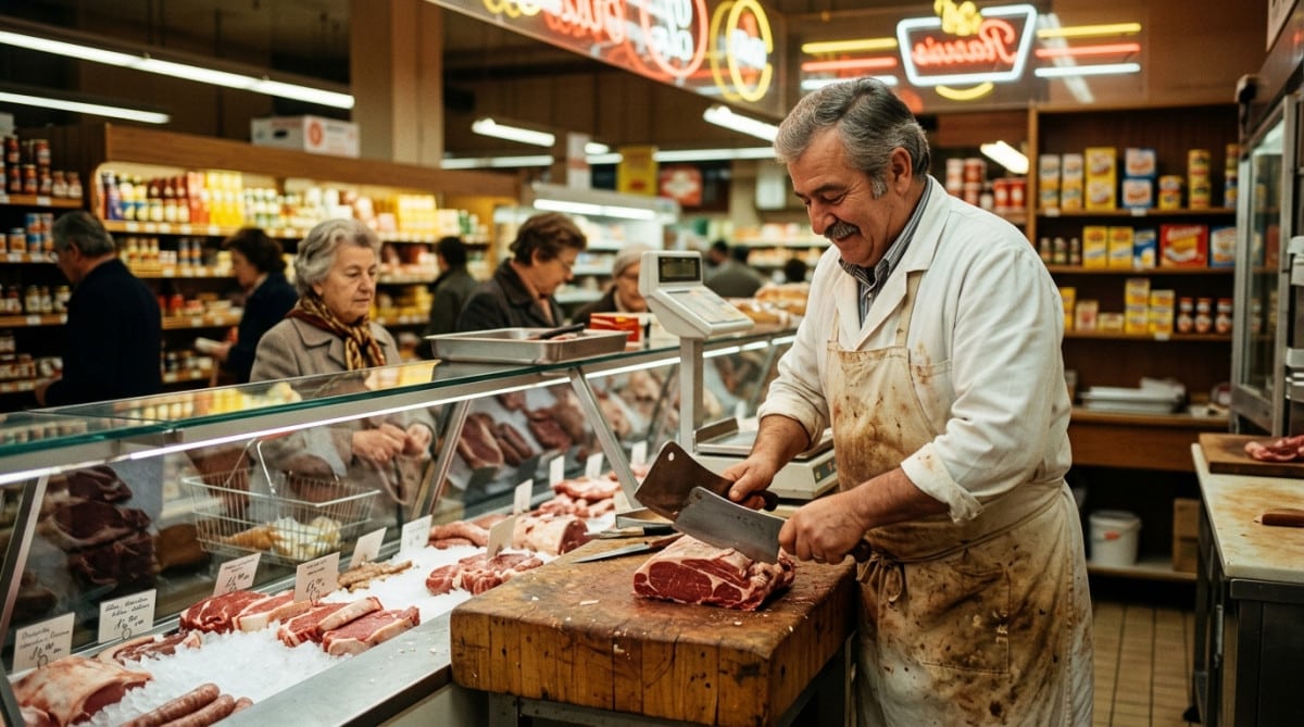 Boucher traditionnel derrière son étal en 1970
