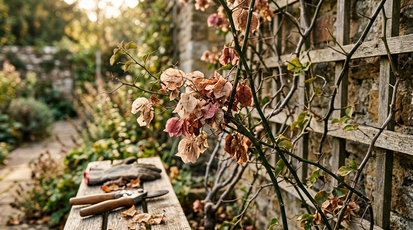 Bougainvillier défleuri aux tiges vertes en septembre