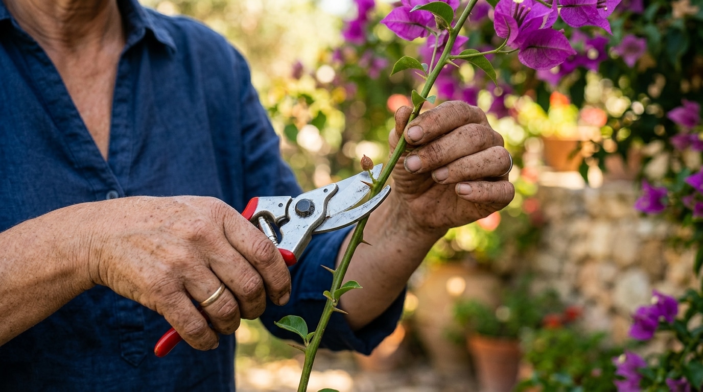 Main taillant une tige de bougainvillier au sécateur