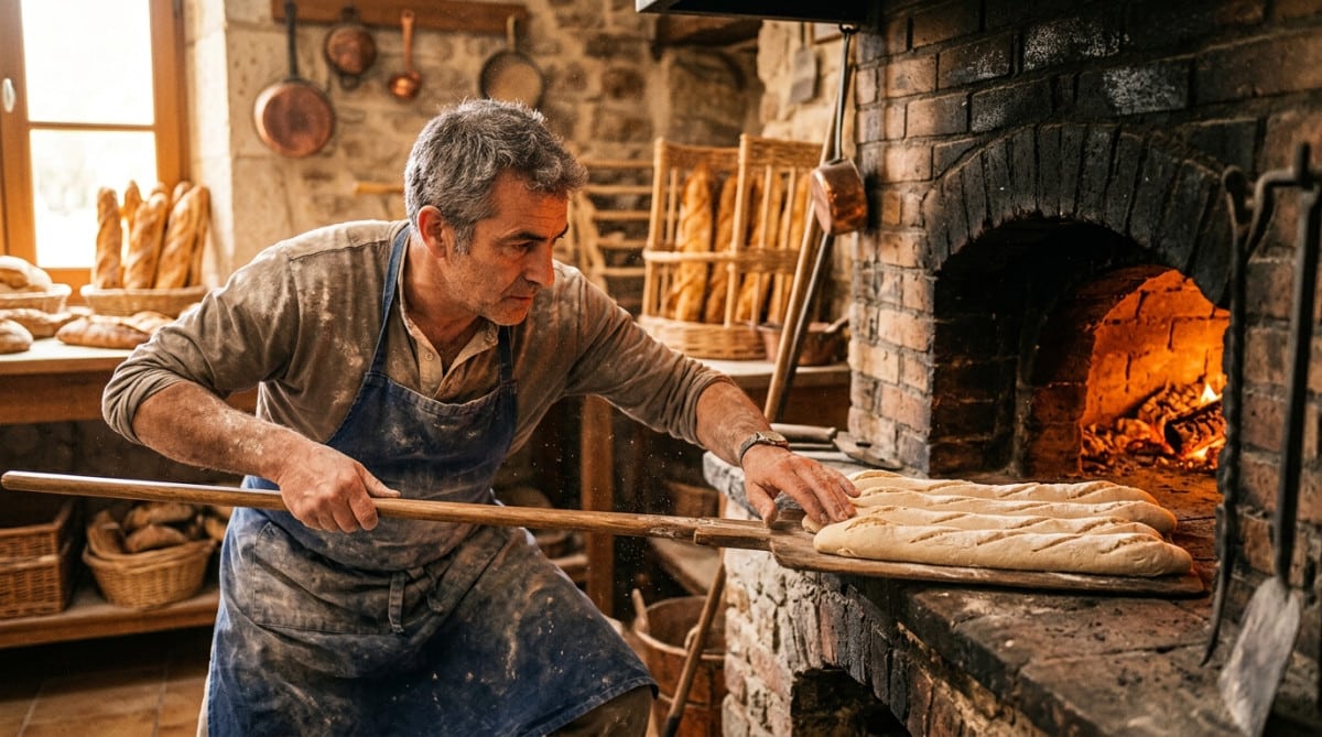 Boulanger enfournant des baguettes dans un four traditionnel