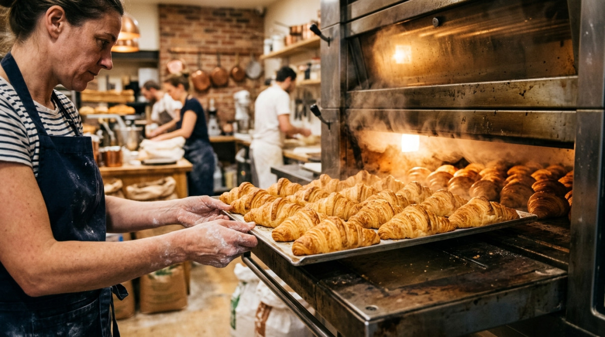 Boulanger enfournant des croissants dans un four professionnel