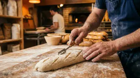 Boulanger entaillant une baguette crue avec une lame