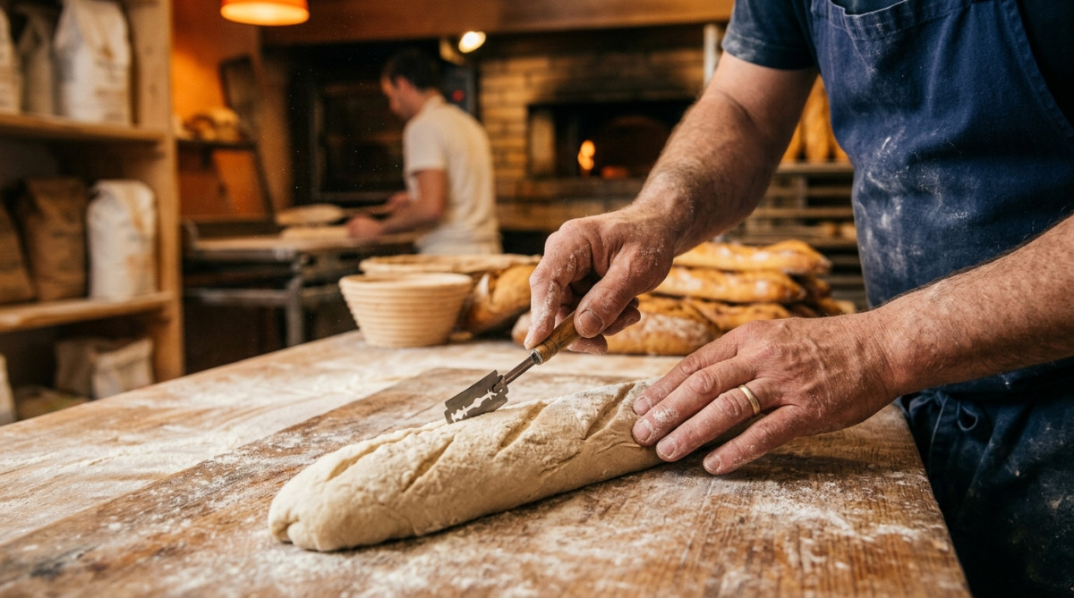 Boulanger entaillant une baguette crue avec une lame