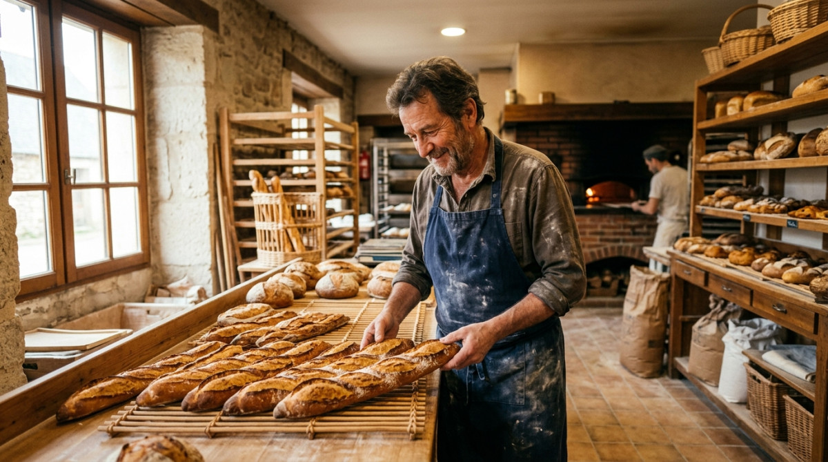 Boulanger observant des baguettes avec grignes dorées