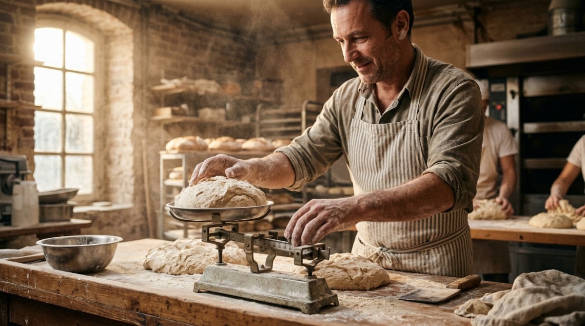 Boulanger pesant la pâte à pain dans sa cuisine