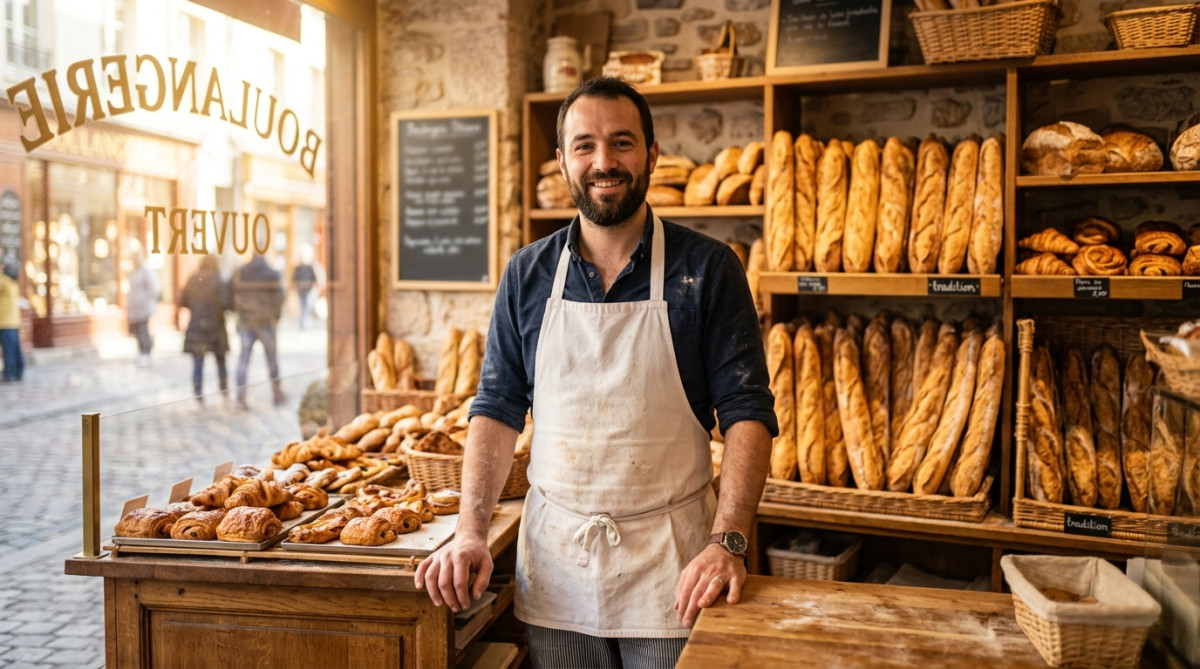 Boulanger souriant devant ses baguettes fraîches à Dieppe