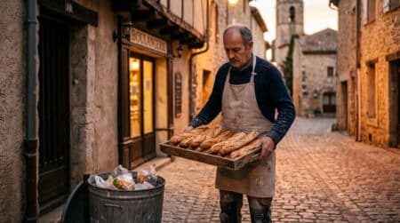 Boulanger tenant des baguettes invendues le soir