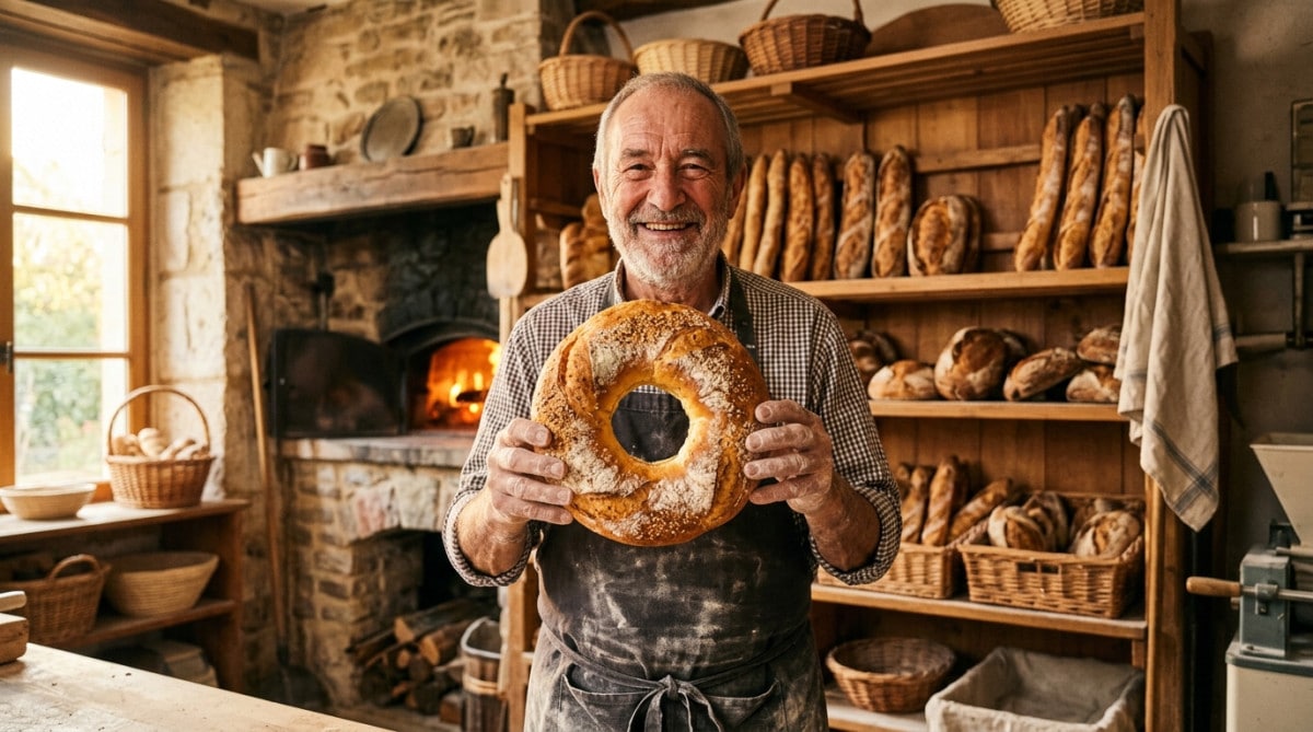 Boulanger tenant une couronne bordelaise au pain troué
