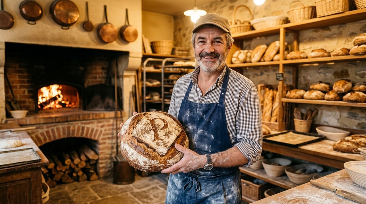 Boulanger tenant une miche de pain Poilâne