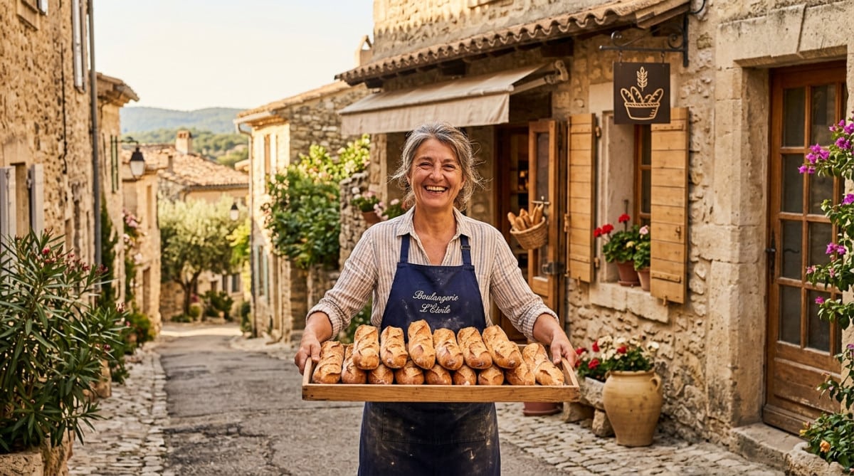 Boulangère souriante devant sa boulangerie de village