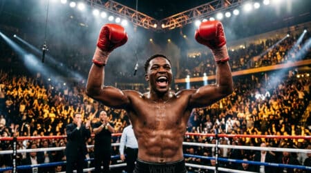 Boxeur célébrant sa victoire sur un ring à Las Vegas