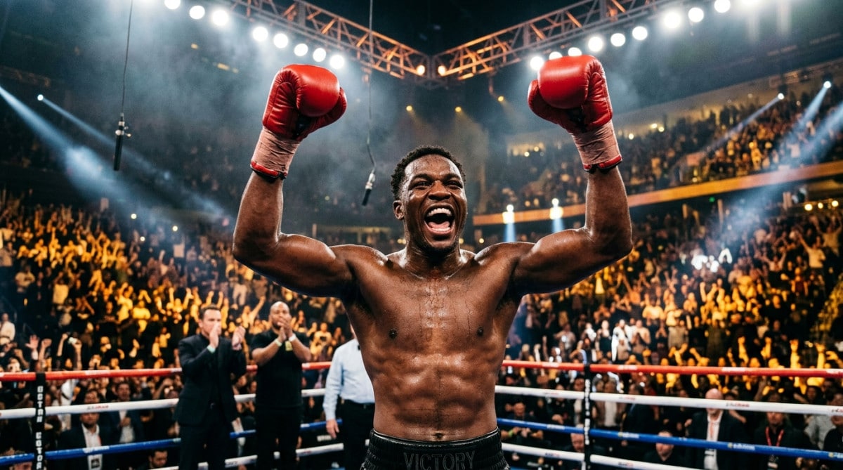 Boxeur célébrant sa victoire sur un ring à Las Vegas