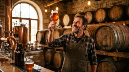 Brasseur souriant tenant un verre de bière ambrée