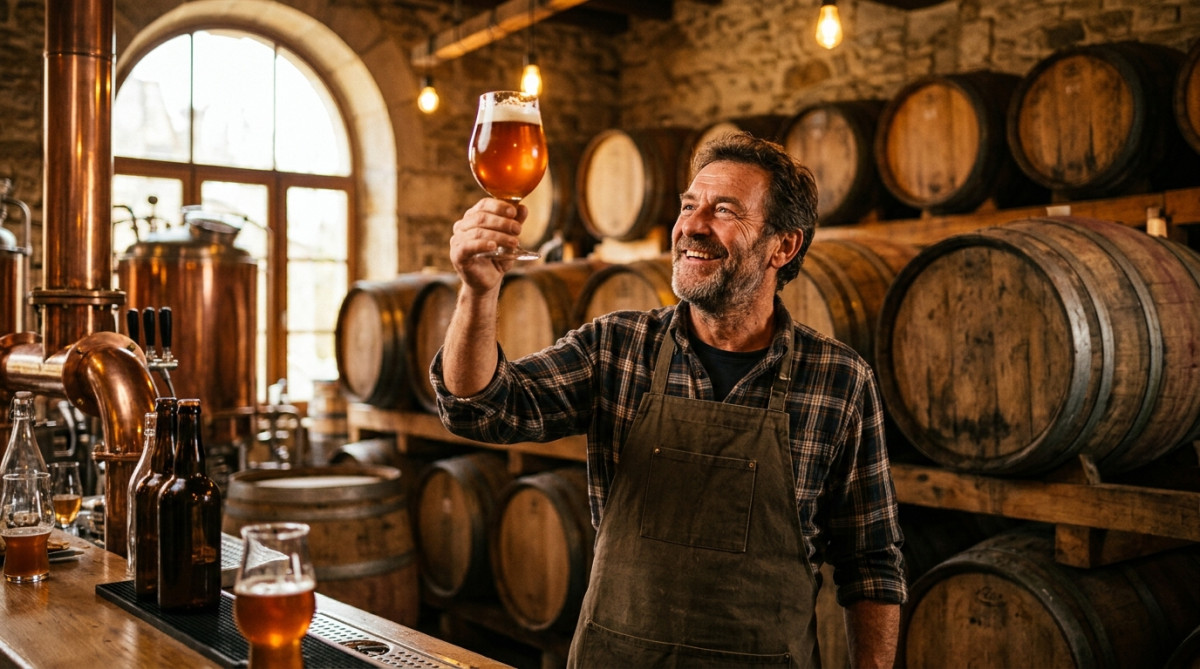 Brasseur souriant tenant un verre de bière ambrée
