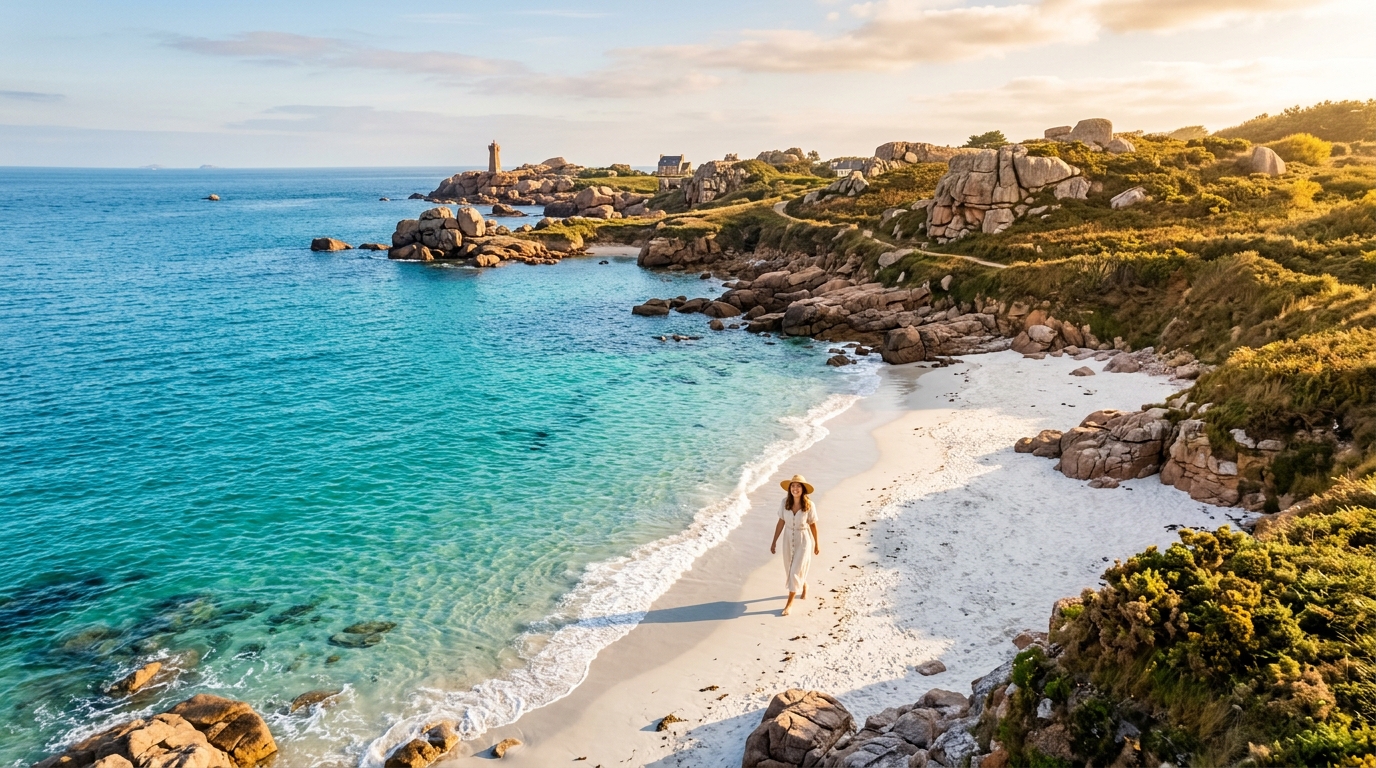 Plage bretonne au sable blanc et eau turquoise