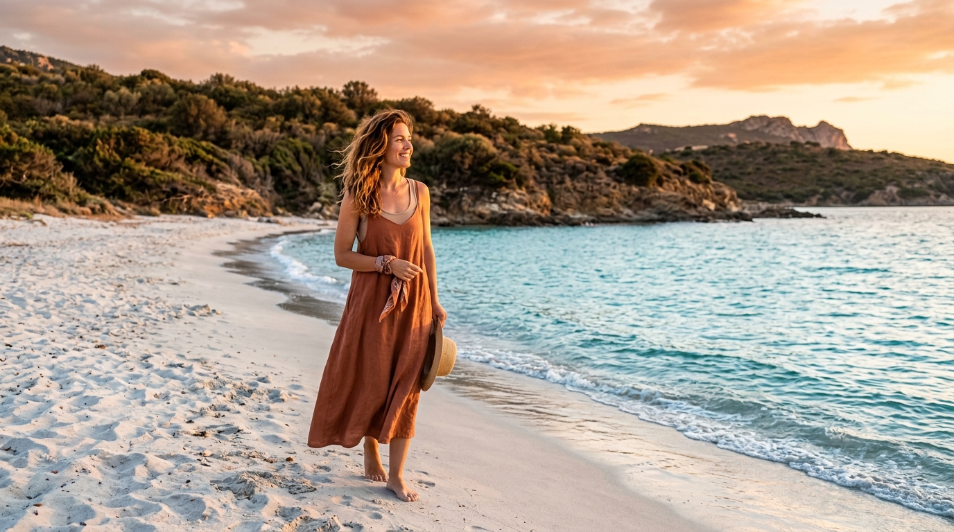 Femme sur une plage corse au coucher du soleil