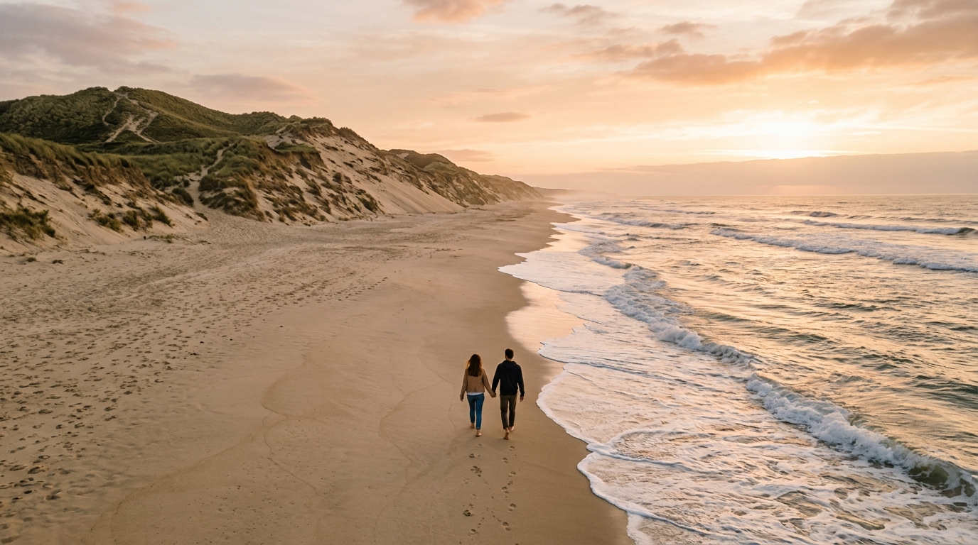 Couple marchant sur les dunes des Landes en septembre