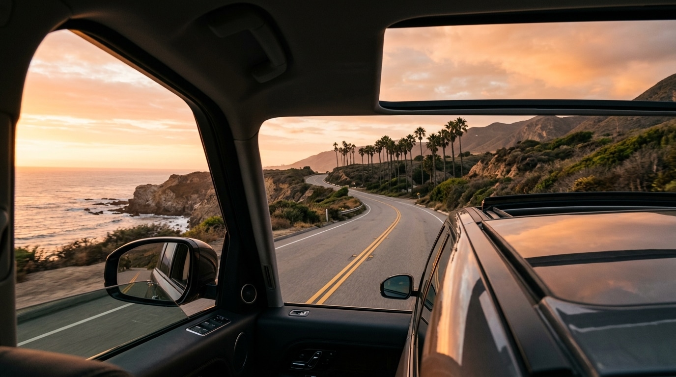 Toit ouvrant d'un SUV sur une route côtière californienne