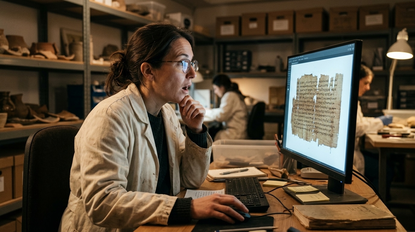 Chercheur émerveillé devant un texte ancien reconstitué