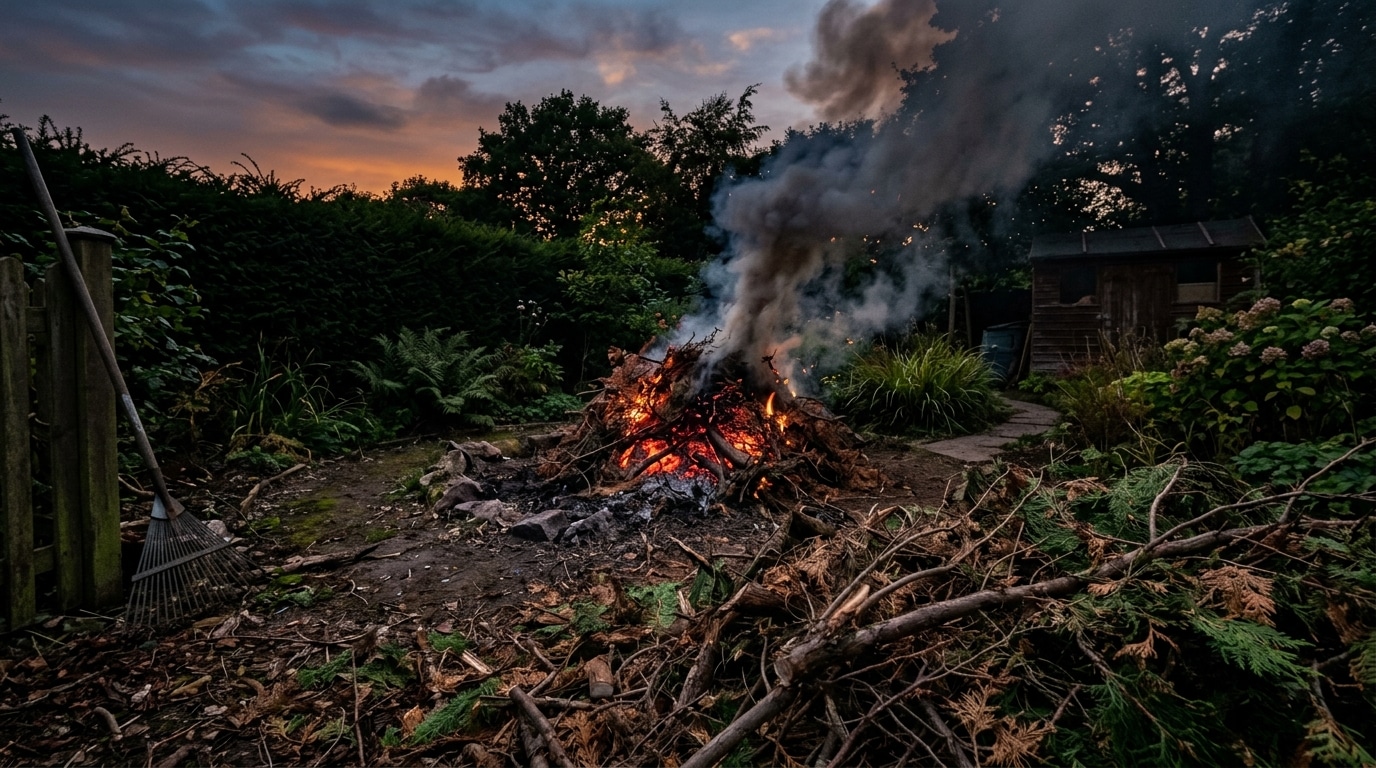 Feu de branches de thuyas fumant dans un jardin