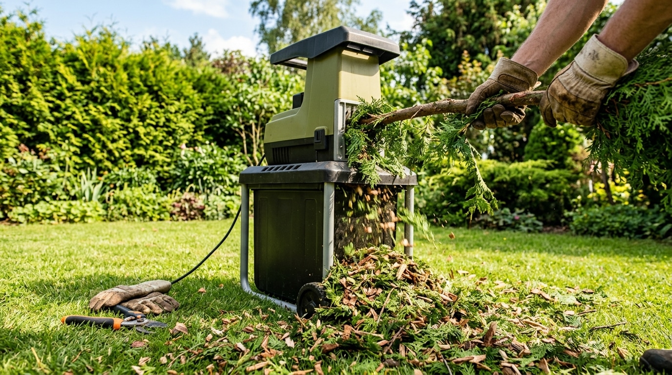 Broyeur de jardin transformant des branches en paillis