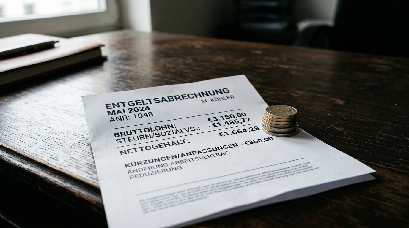 Fiche de paie et pièces d'euros sur un bureau sombre