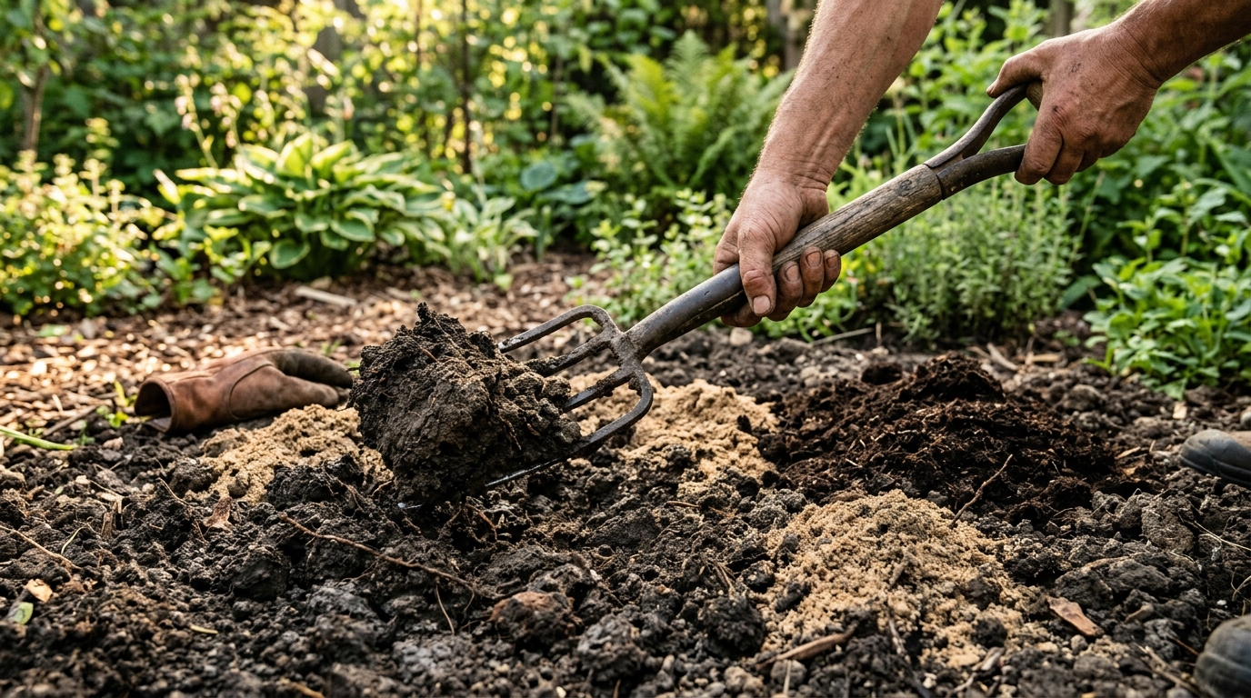 Mains décompactant la terre avec une fourche-bêche